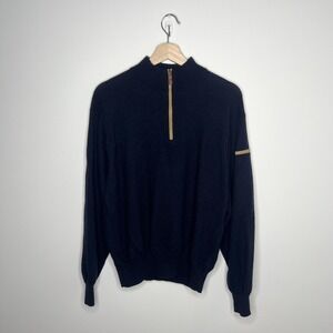 Peter Millar Sweater Mens XL Navy Merino Wool Quarter Zip Elbow Patches Pullover